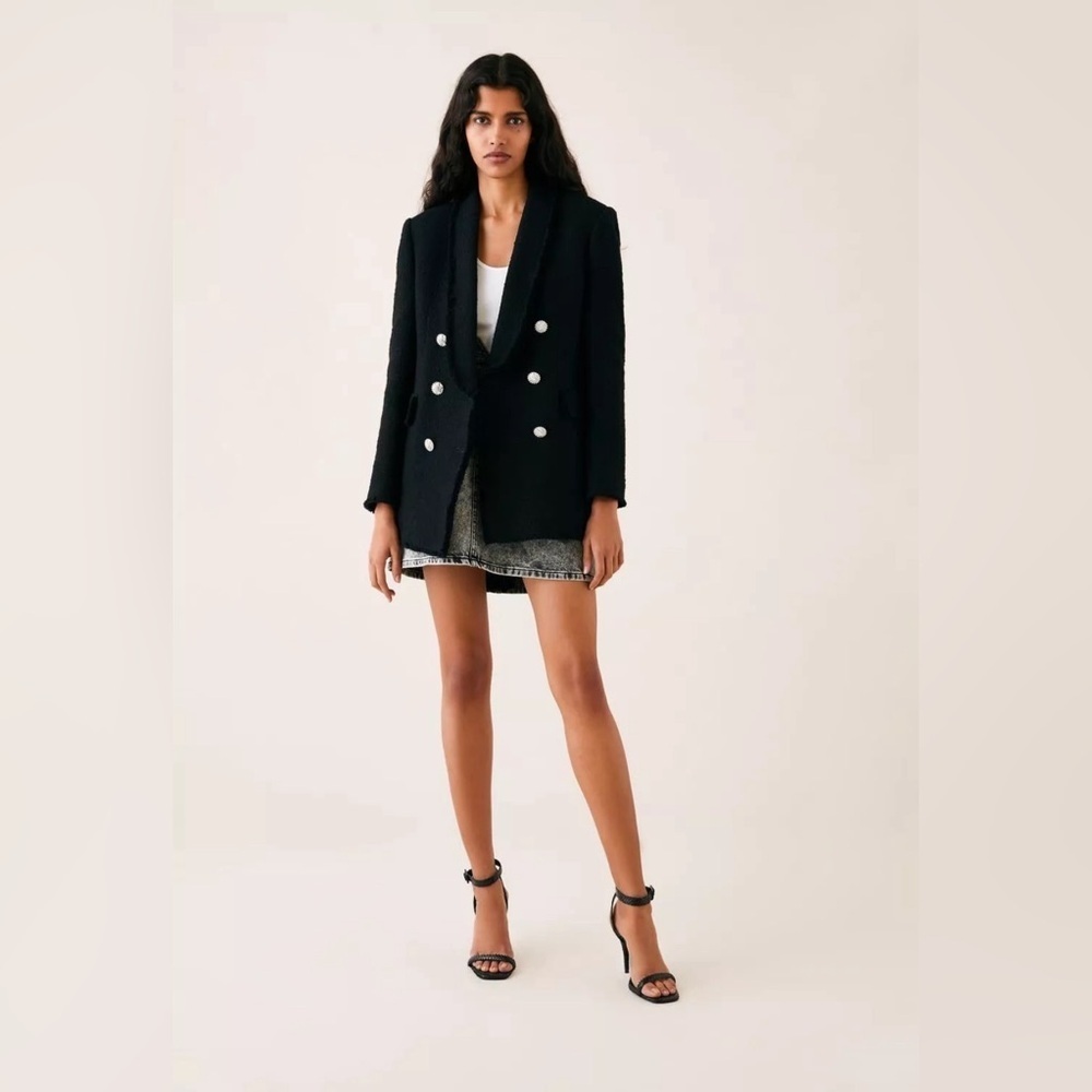 Zara Double Breasted Black Tweed Blazer with Rhinestone Buttons Sz XS